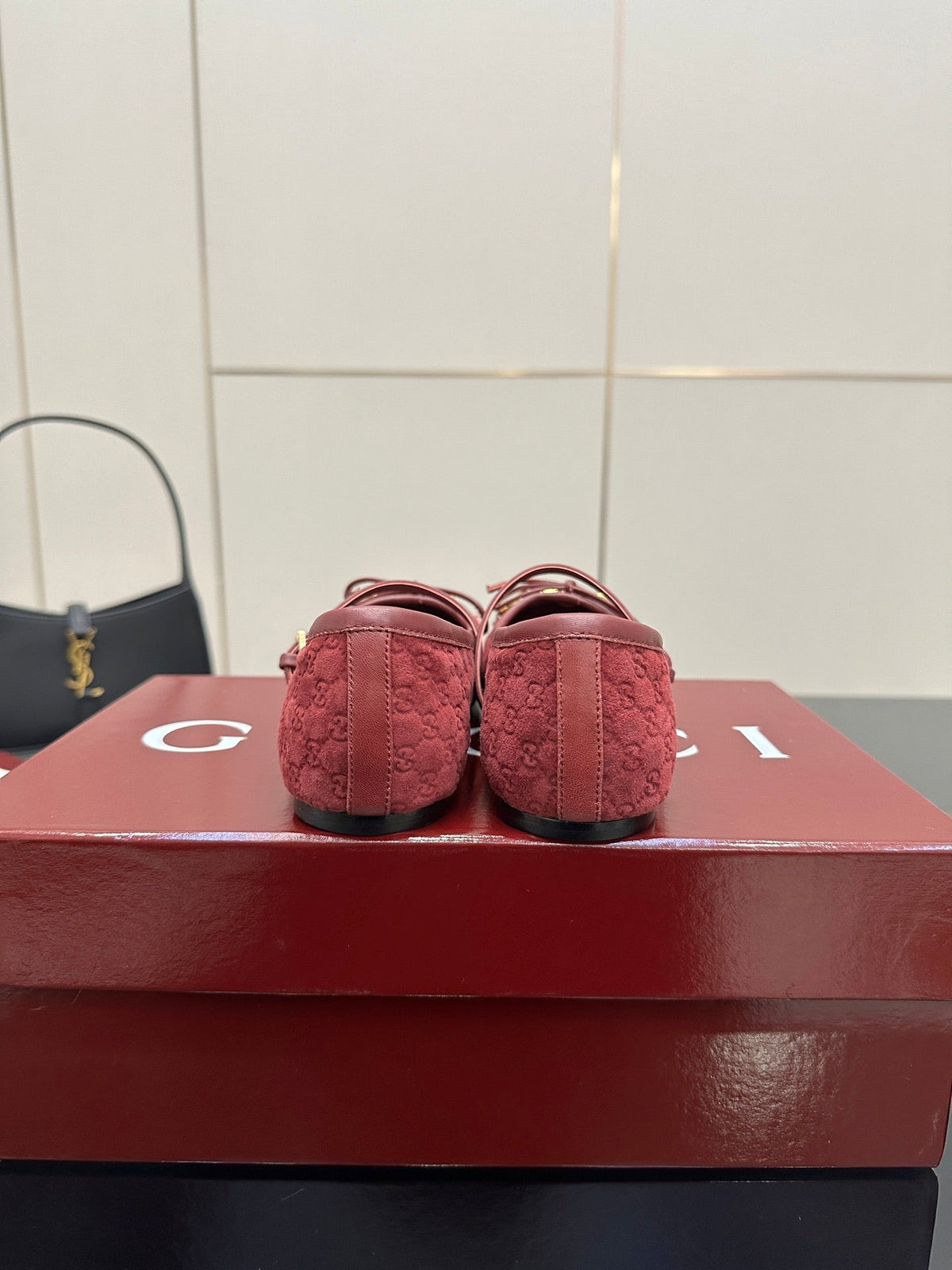 GC 25 Horsebit Ballet Flat Dark Red Monogram Suede