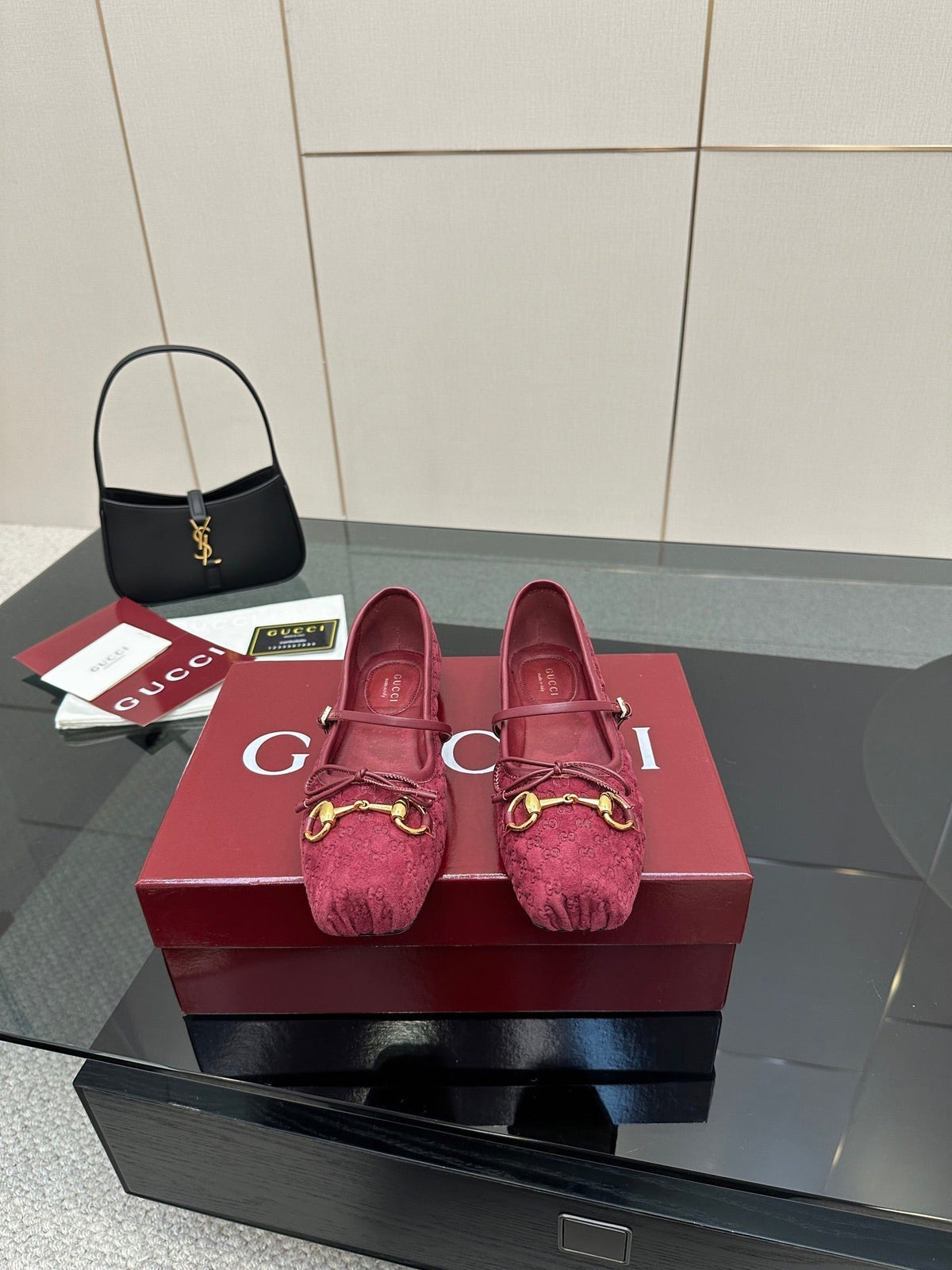 GC 25 Horsebit Ballet Flat Dark Red Monogram Suede