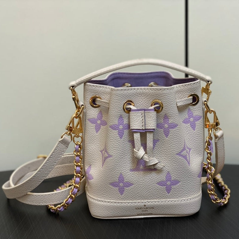 nano noe 13 cream purple monogram calfskin gold hardware