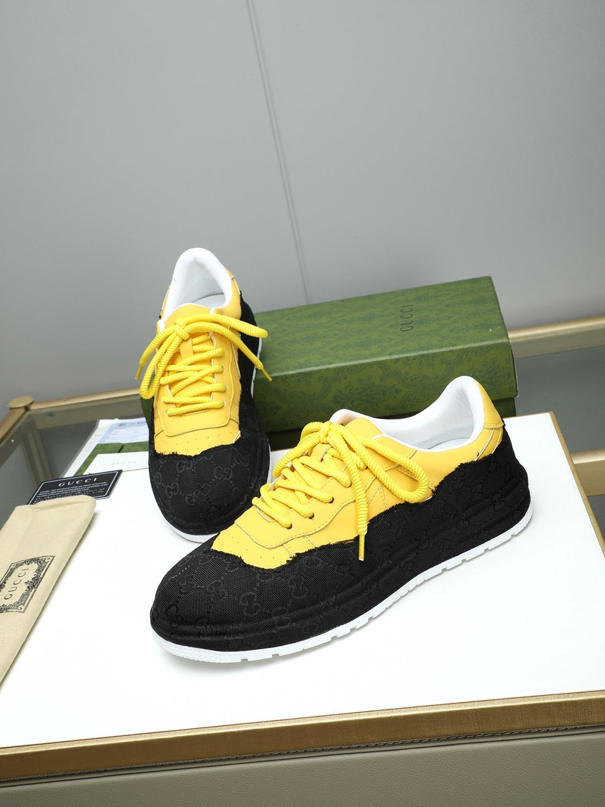 GG Men's Sneaker Black Yellow Cowhide 587318