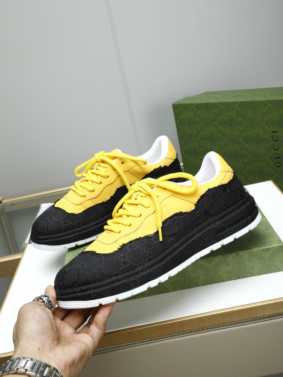 GG Men's Sneaker Black Yellow Cowhide 587318