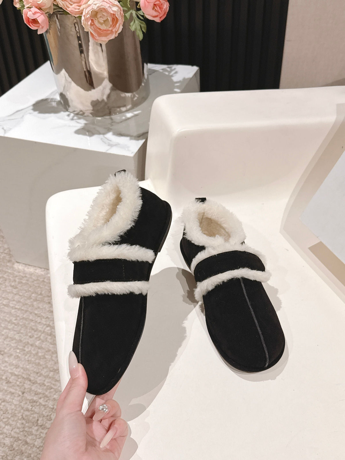 The Row 2025 Furry Shoe Black White Suede Wool 560592