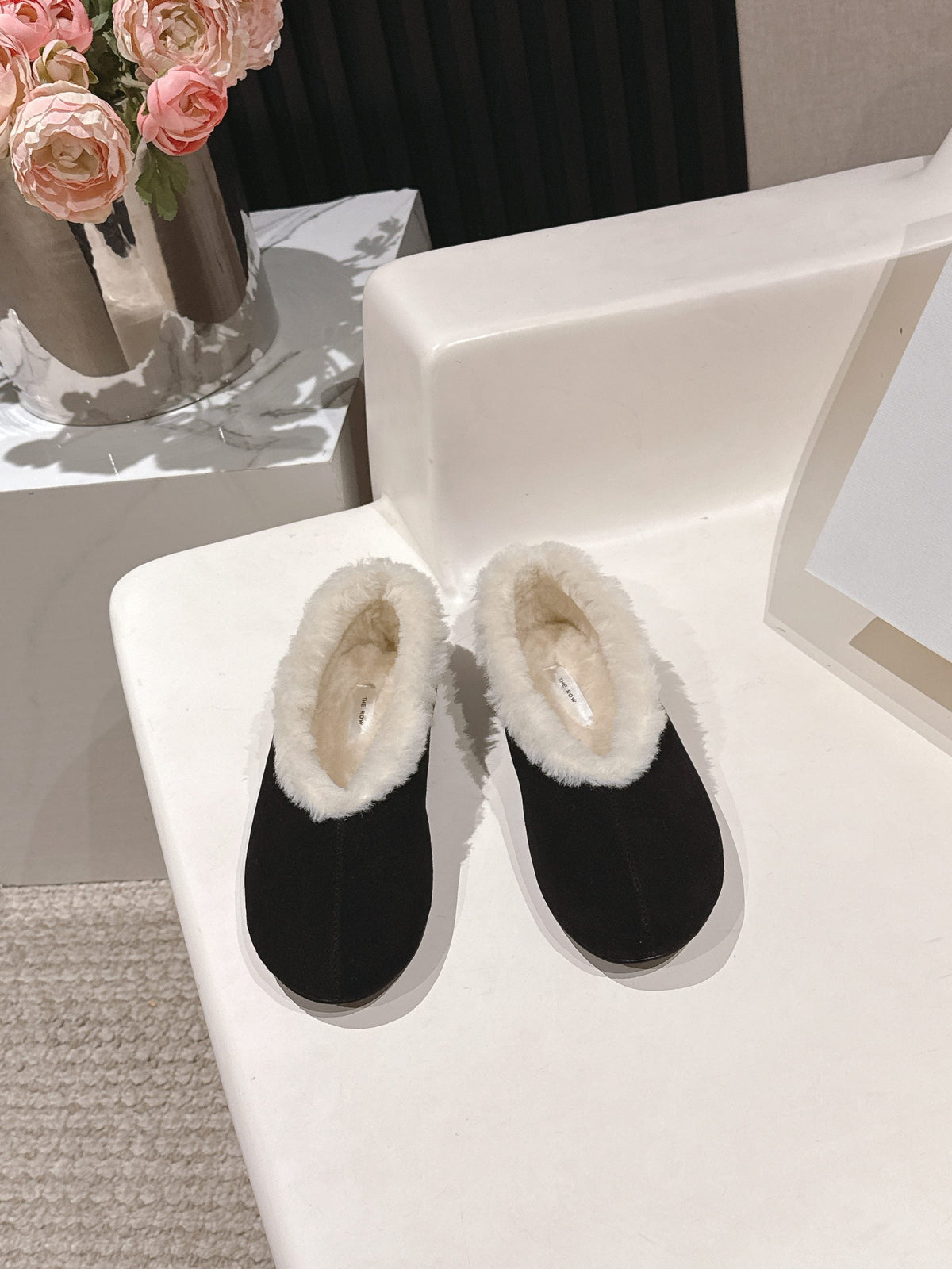 The Row 2025 Fur-lined Flat Shoe Black mix White Suede Wool 560505