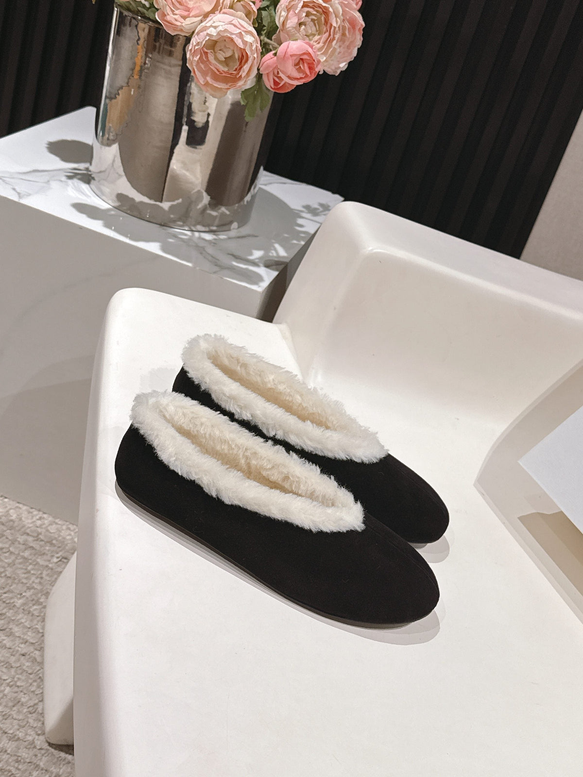 The Row 2025 Fur-lined Flat Shoe Black mix White Suede Wool 560505