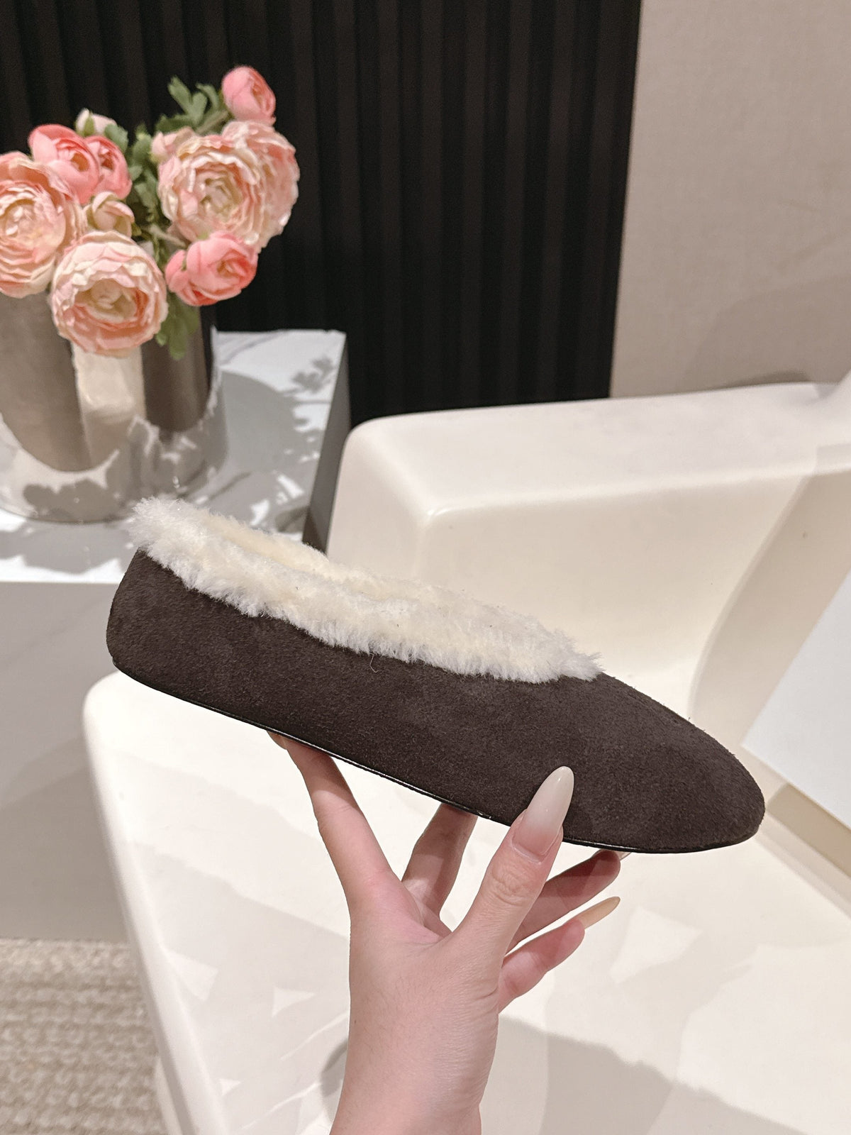 The Row 2025 Fur-lined Flat Shoe Dark Brown mix White Suede Wool 560506
