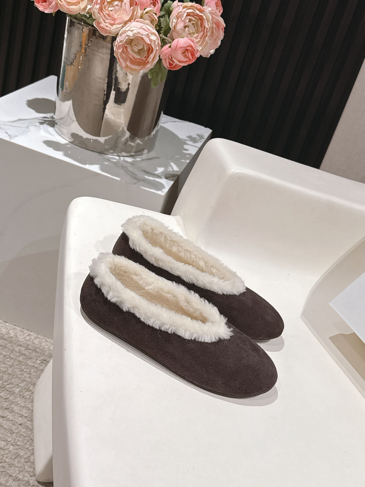 The Row 2025 Fur-lined Flat Shoe Dark Brown mix White Suede Wool 560506