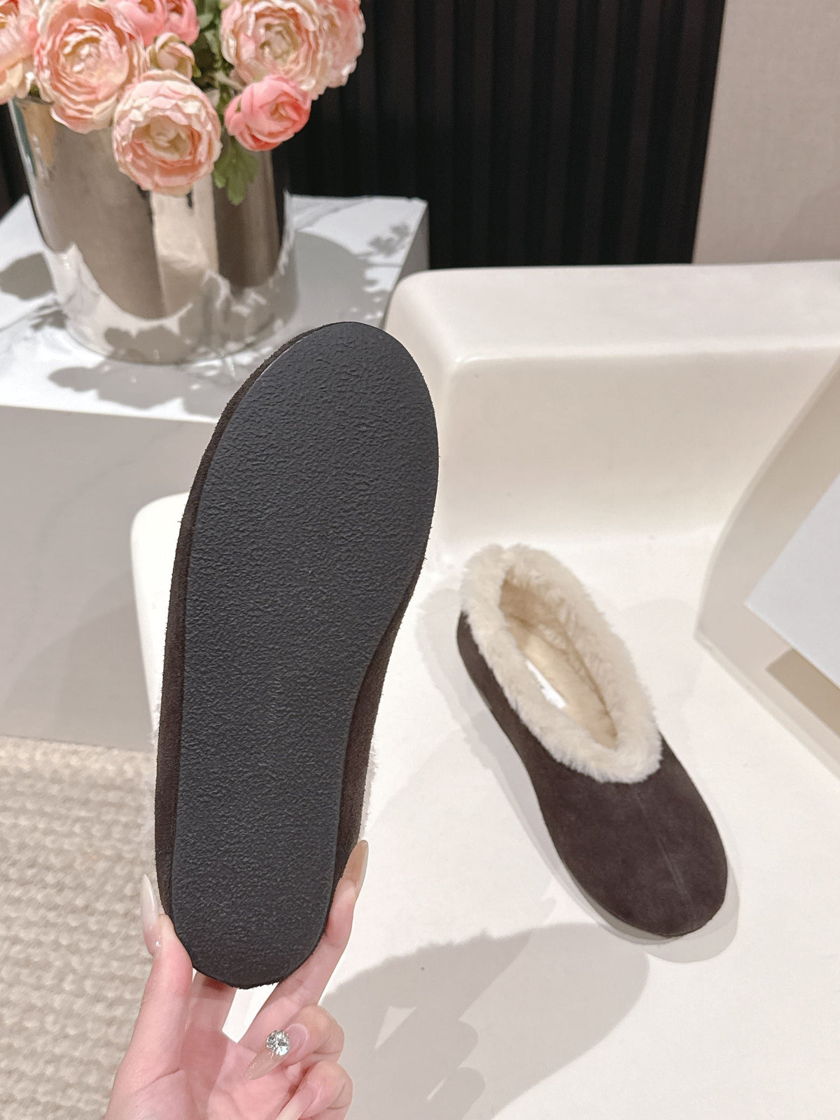 The Row 2025 Fur-lined Flat Shoe Dark Brown mix White Suede Wool 560506