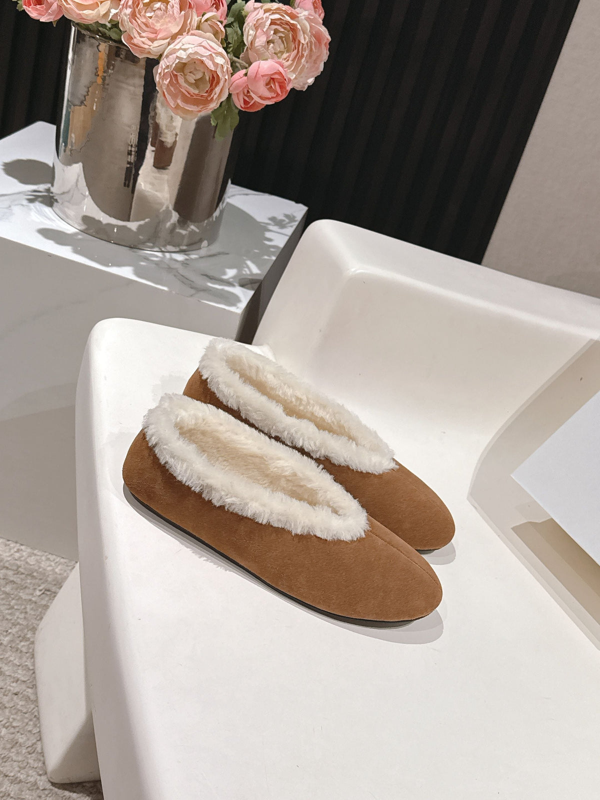 The Row 2025 Fur-lined Flat Shoe Light Brown mix White Suede Wool 560507
