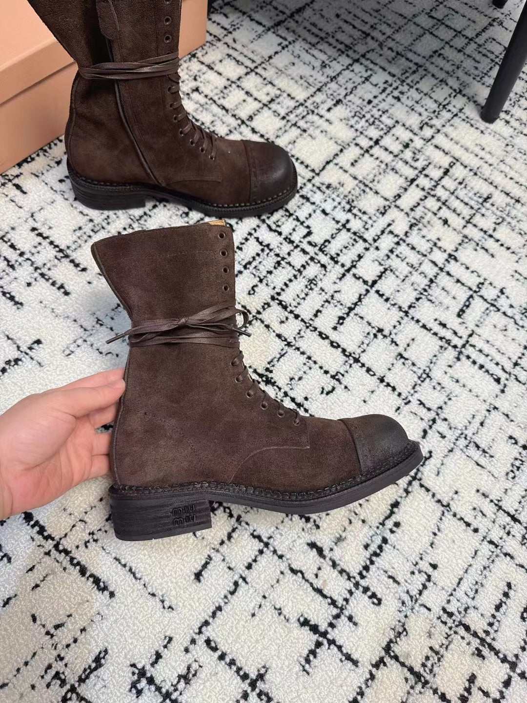 Miu Lace-Up Boots Earth Brown Suede