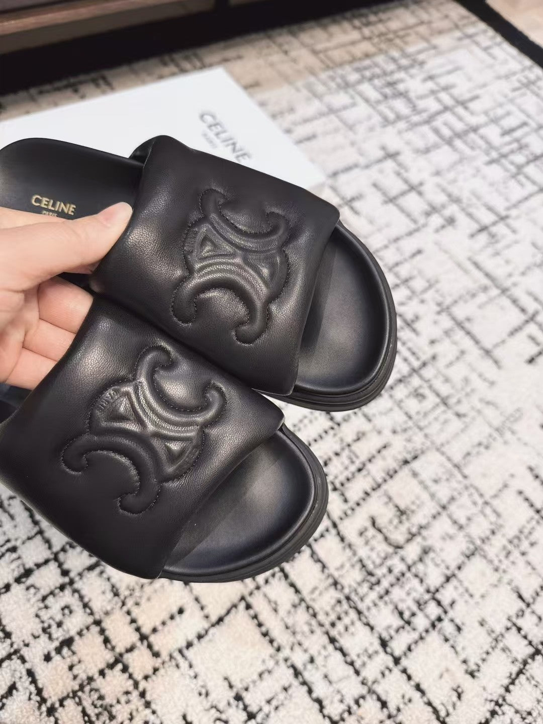 CELINE 25C BLOCK SLIDE BLACK SHEEPSKIN 233708