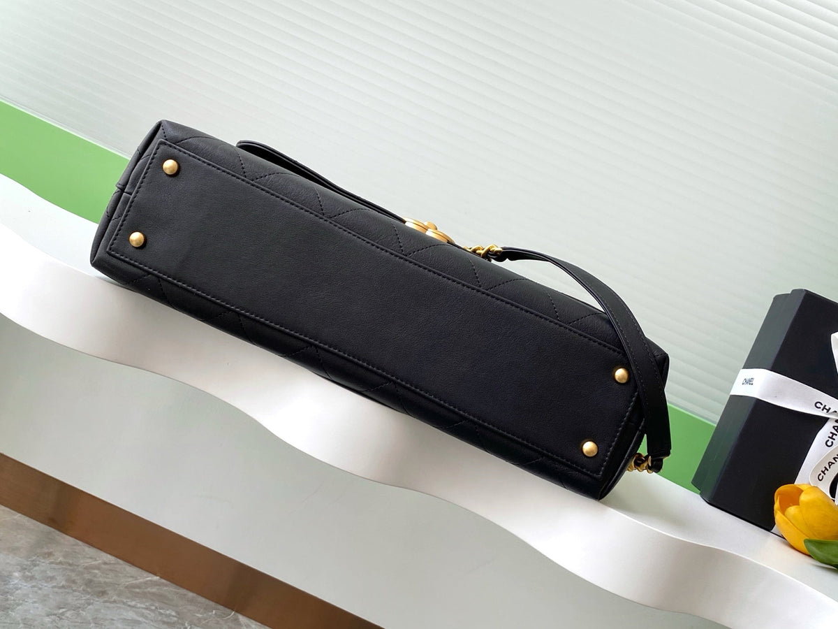 cc 25S Vintage Flap Bag 37cm Top Handle Black Calfskin