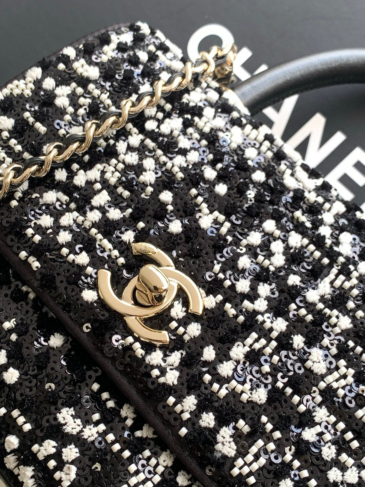 Chanel 2026 Top Handle Bag 19cm Black White Sequin Leather