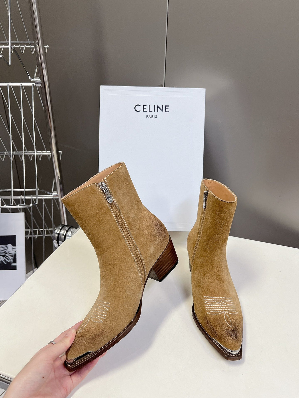 CELINE 25 Cowboy Boots Light Brown Suede 434415