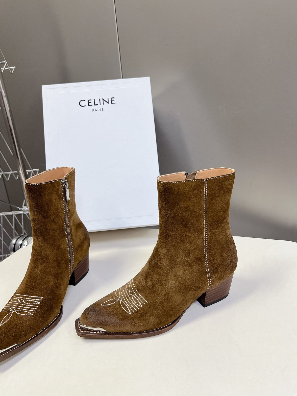CELINE 25 Cowboy Boots Brown Suede 434416