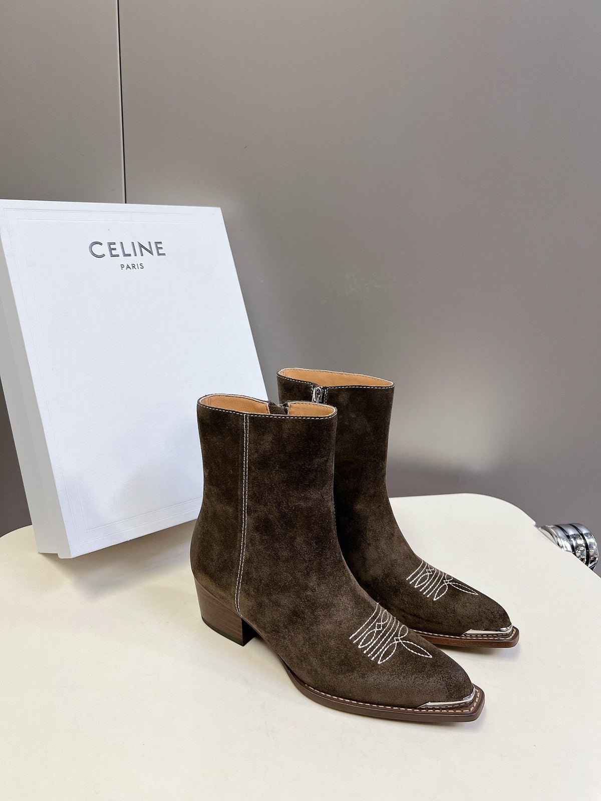 CELINE 25 Cowboy Boots Dark  Brown Suede 434417