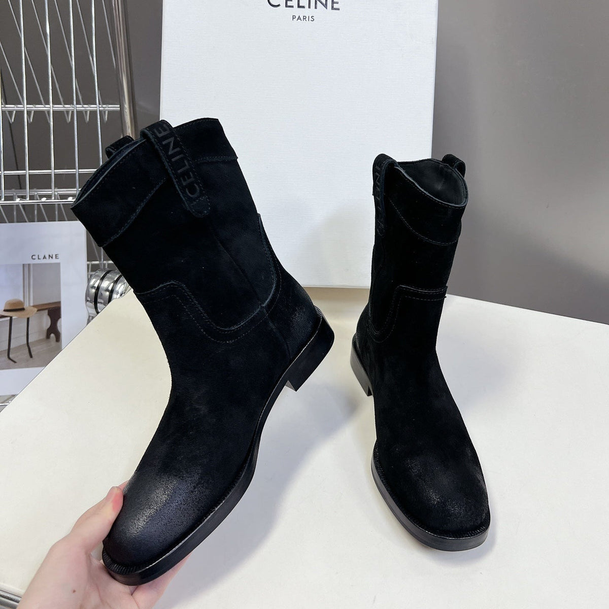 CELINE 25 cowboy boots black suede 434414