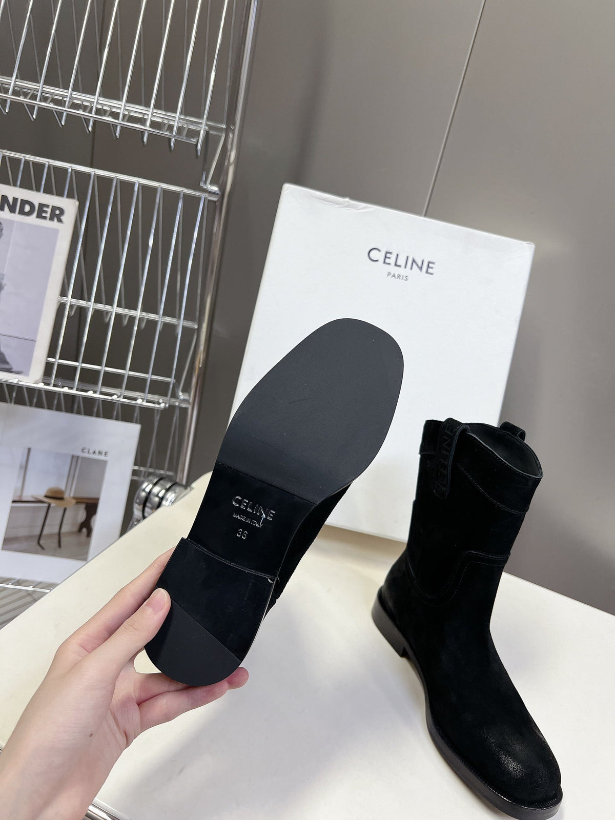 CELINE 25 cowboy boots black suede 434414