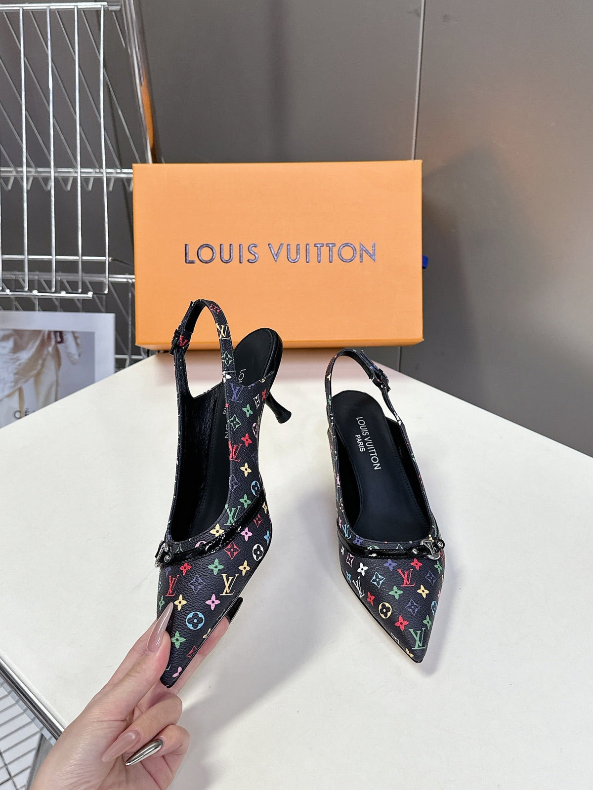 LV Slingback High Heels Black With Monagran Multicolore Cowhide 220421