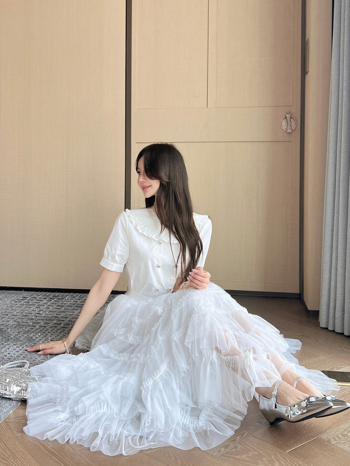 CC 25 Mesh Long Skirt White Polyester Fiber
