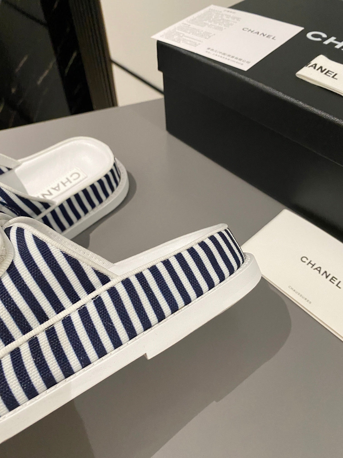 dad sandal mule striped dark blue white fabric calfskin