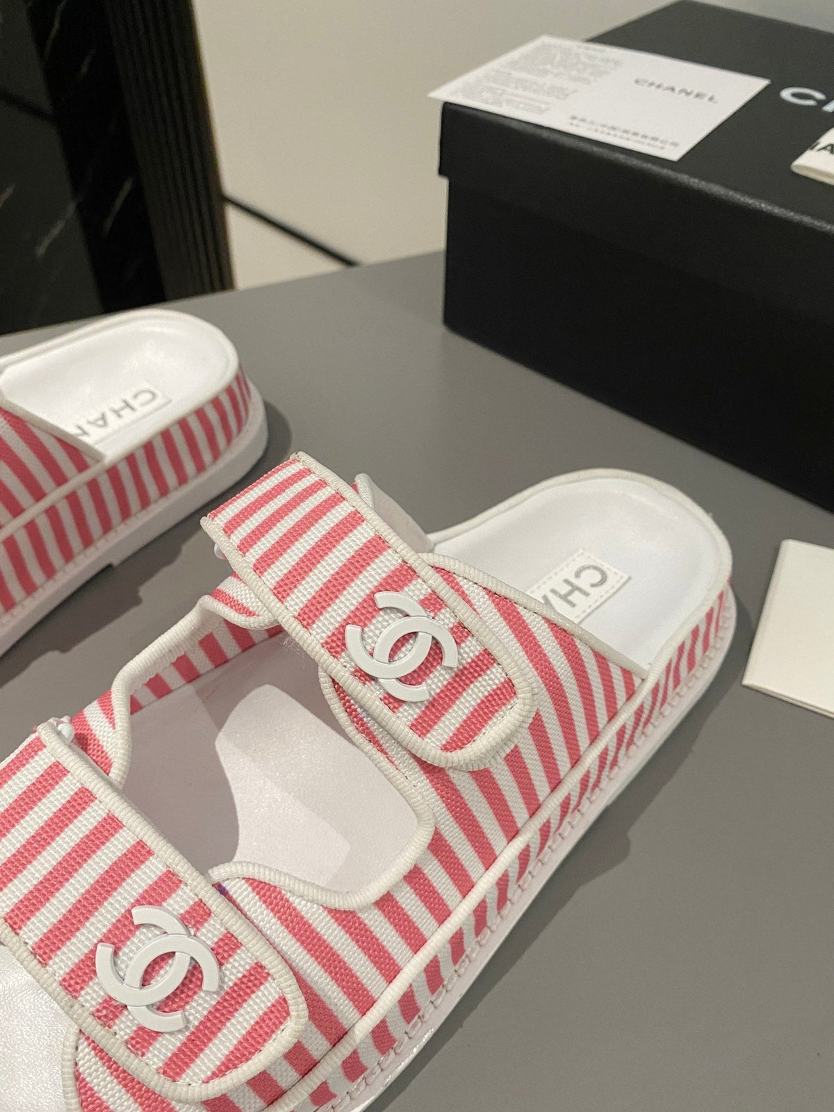 dad sandal mule striped pink white fabric calfskin