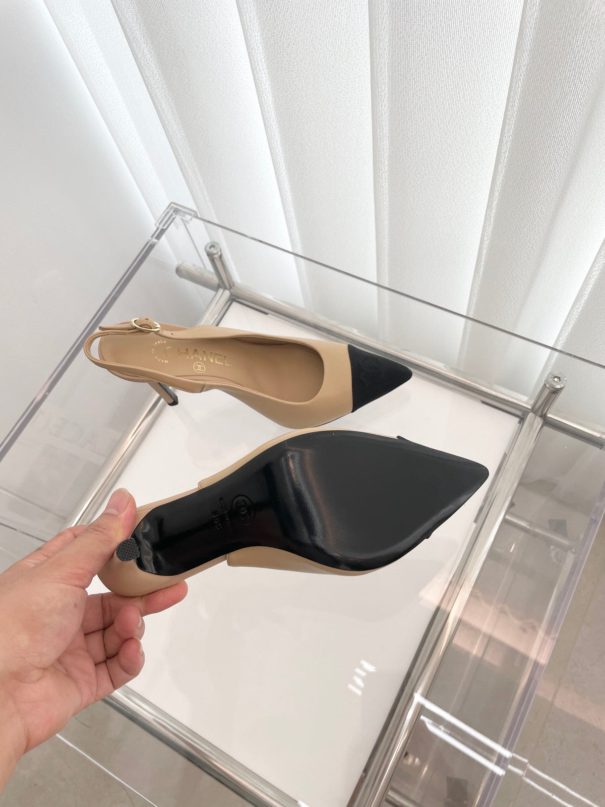 CC Slingback 95mm Beige Lambskin And Denim Fabric