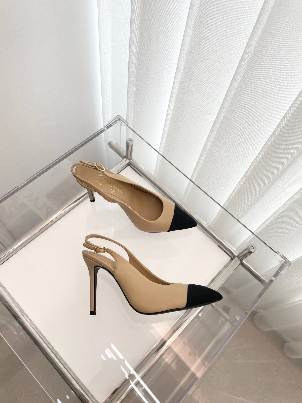 CC Slingback 95mm Beige Lambskin And Denim Fabric
