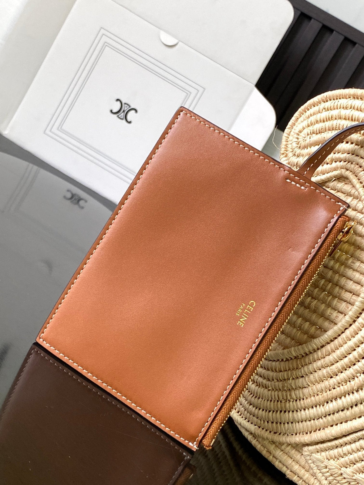 Celine Classic Panier 36cm Braieded Triomphe Beige Raffia Brown Calfskin