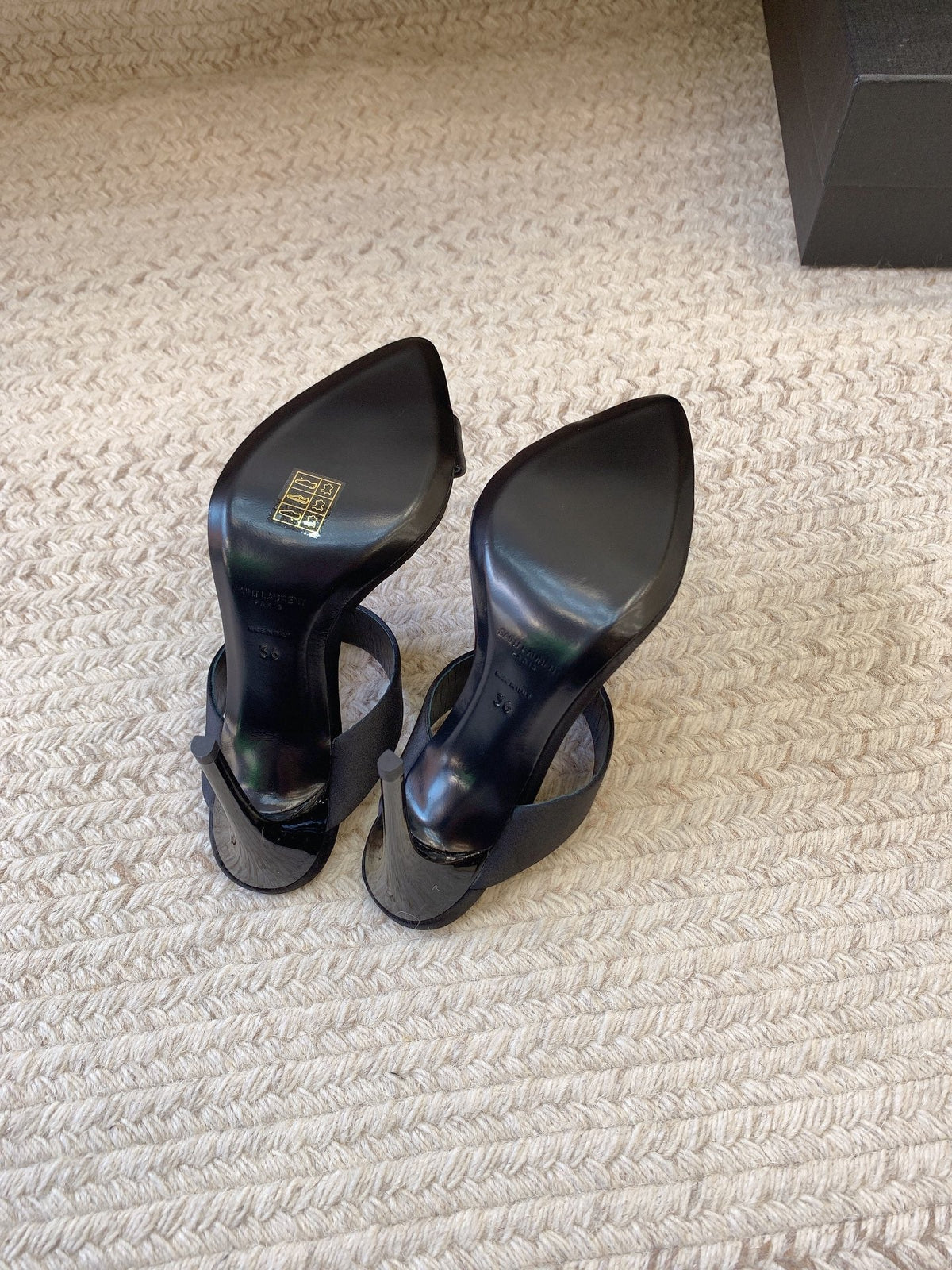 MARTHA POINTED OPEN-TOE HIGH MULES IN BLACK SILK