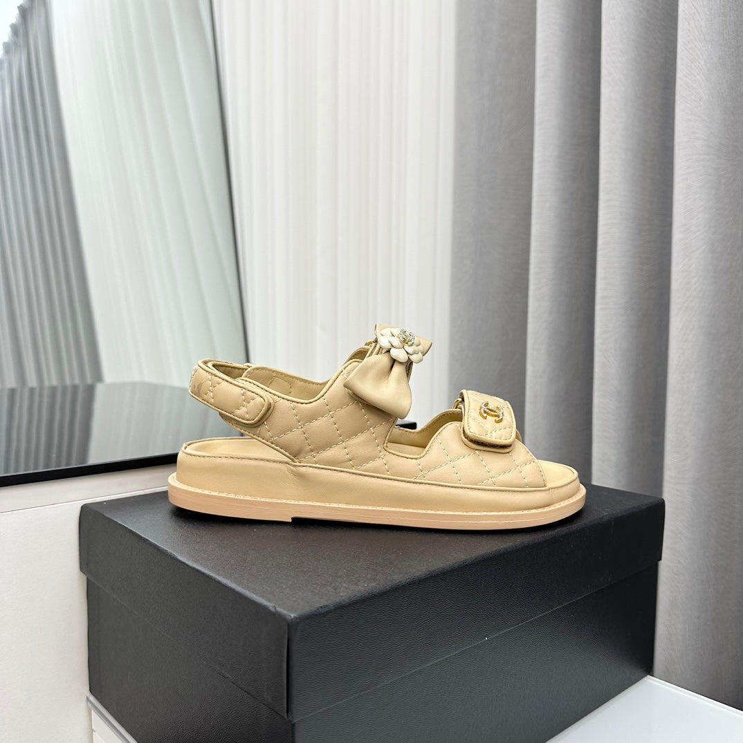 dad sandals beige bow tie lambskin