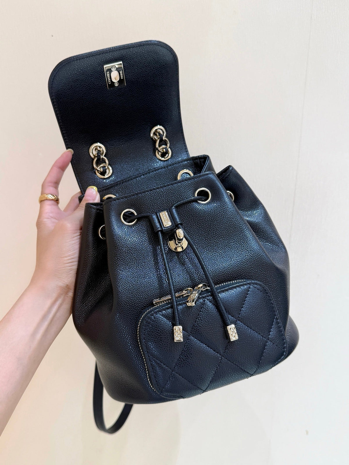 Chanel 2025 Affinity Backpack Black Gold Caviar Leather 343094