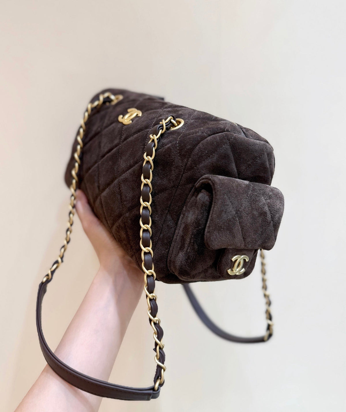 Chanel 2025 Bowling Bag 24cm Dark Brown Suede 345137