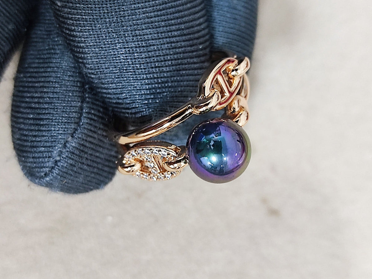 HM Pig Nose Black Pearl Rose Gold Ring