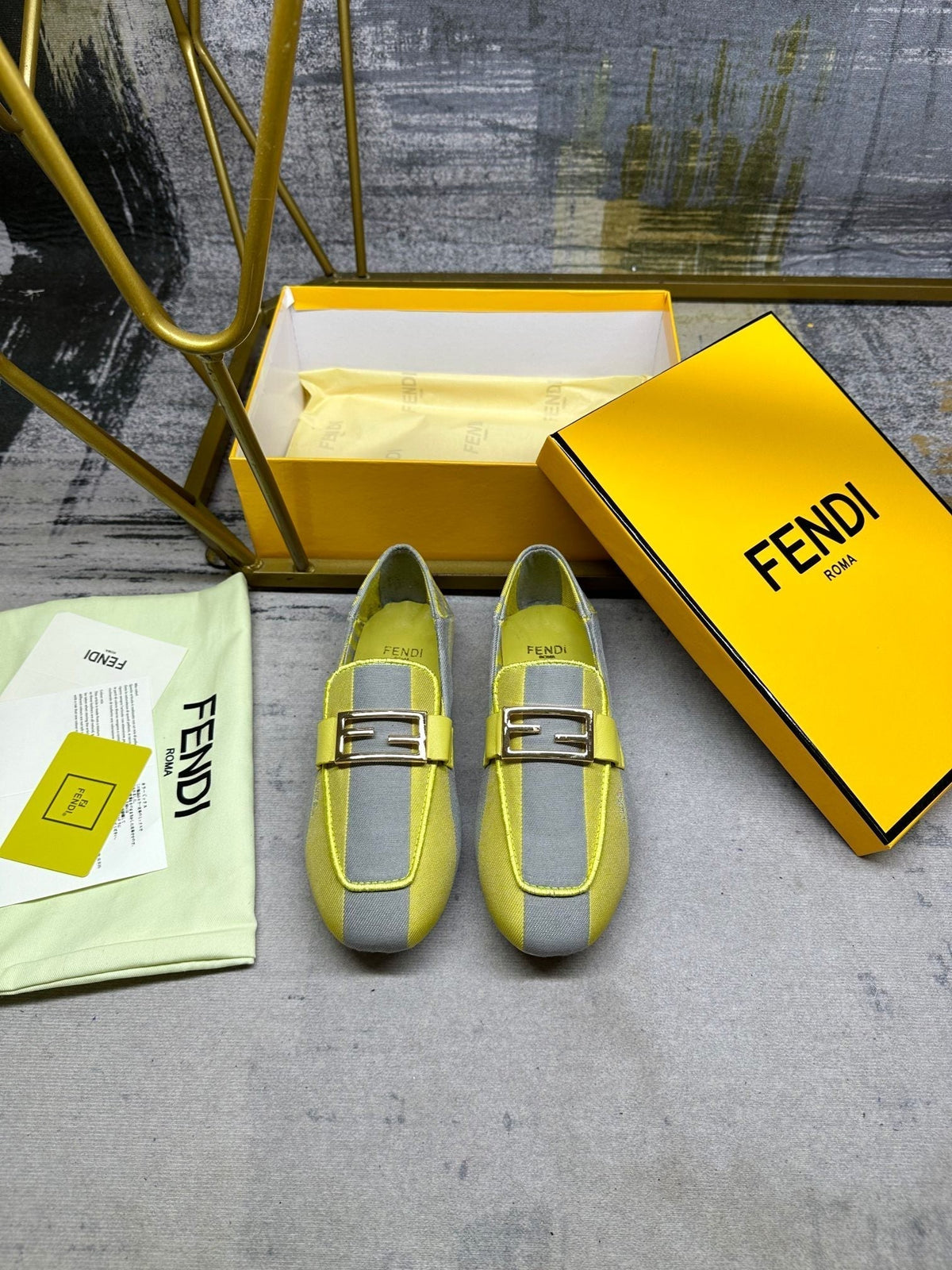 FENDI BAGUETTE LOAFERS IN GREY MIX LEMON YELLOW CANVAS GOLD HARDWARE