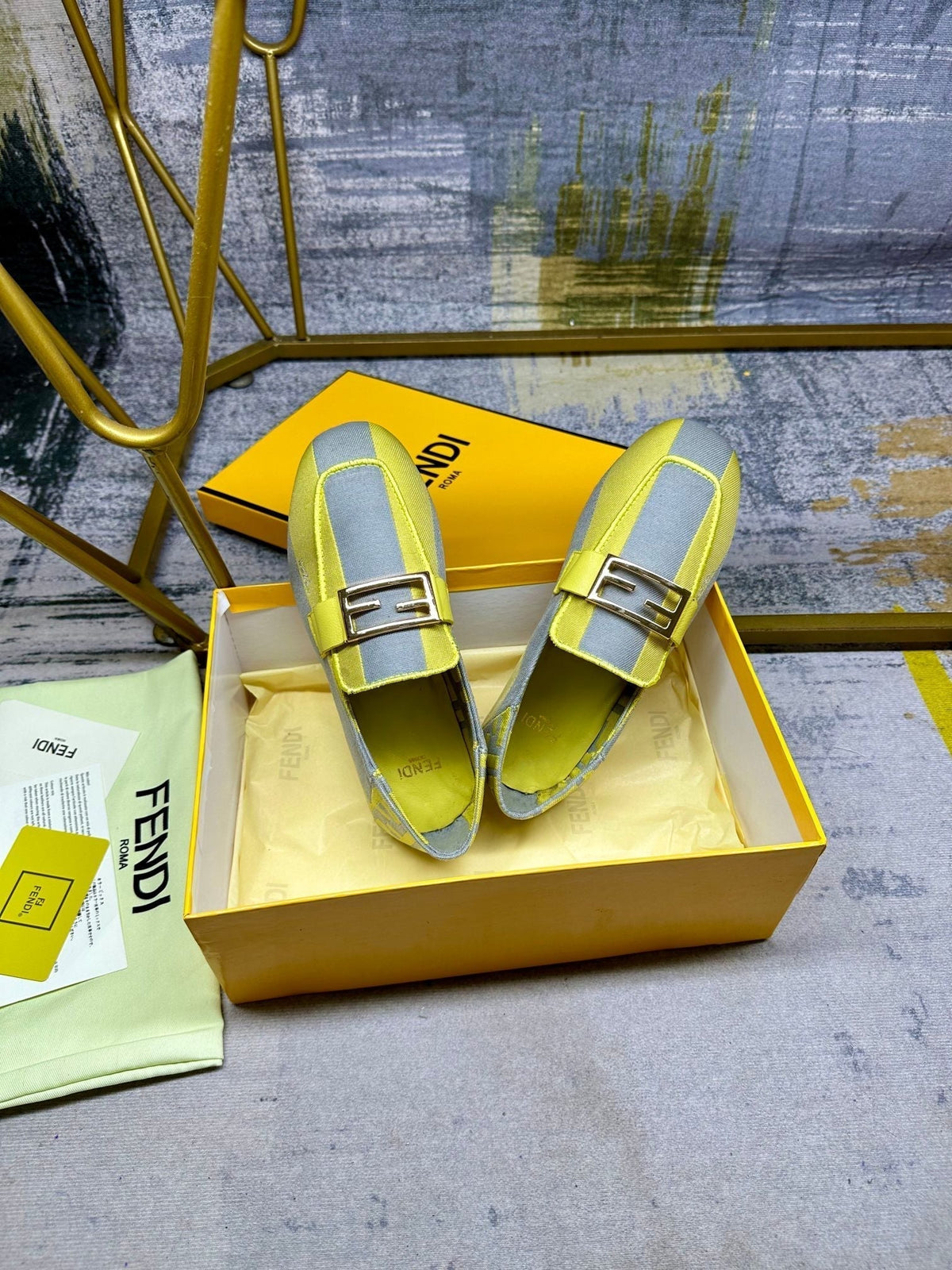 FENDI BAGUETTE LOAFERS IN GREY MIX LEMON YELLOW CANVAS GOLD HARDWARE