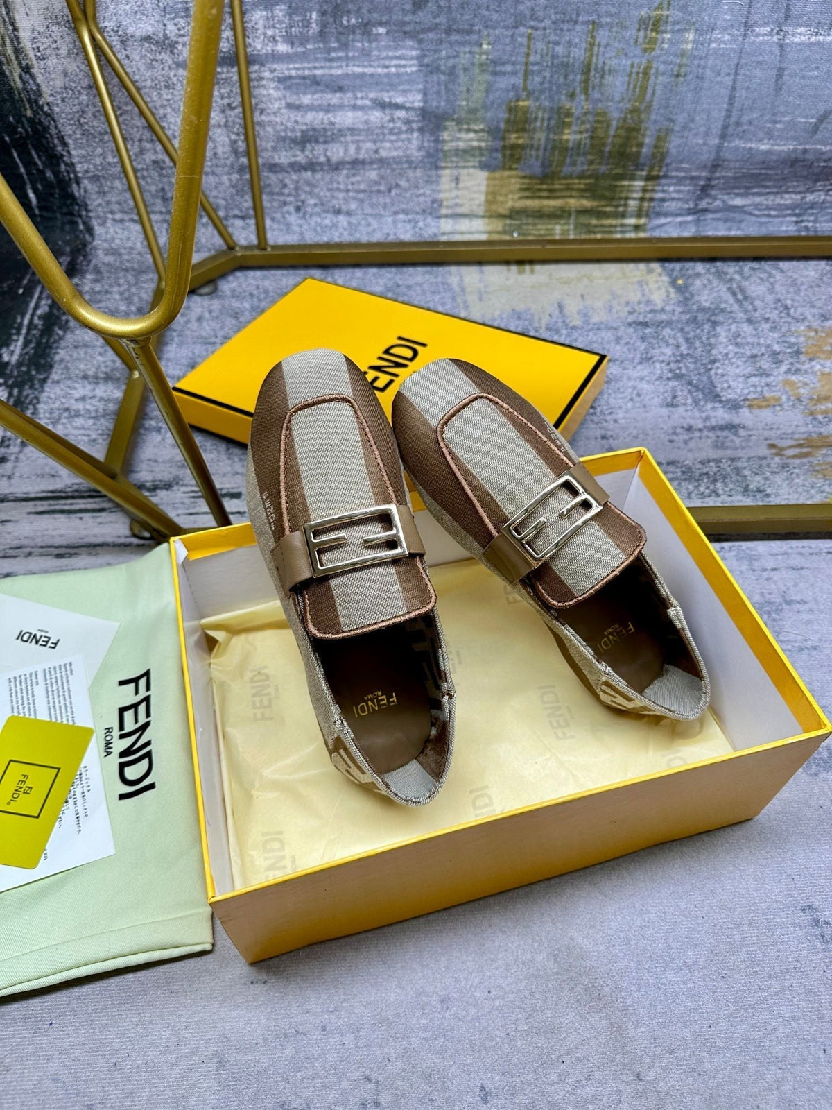 FENDI BAGUETTE LOAFERS IN BEIGE MIX BROWN CANVAS GOLD HARDWARE
