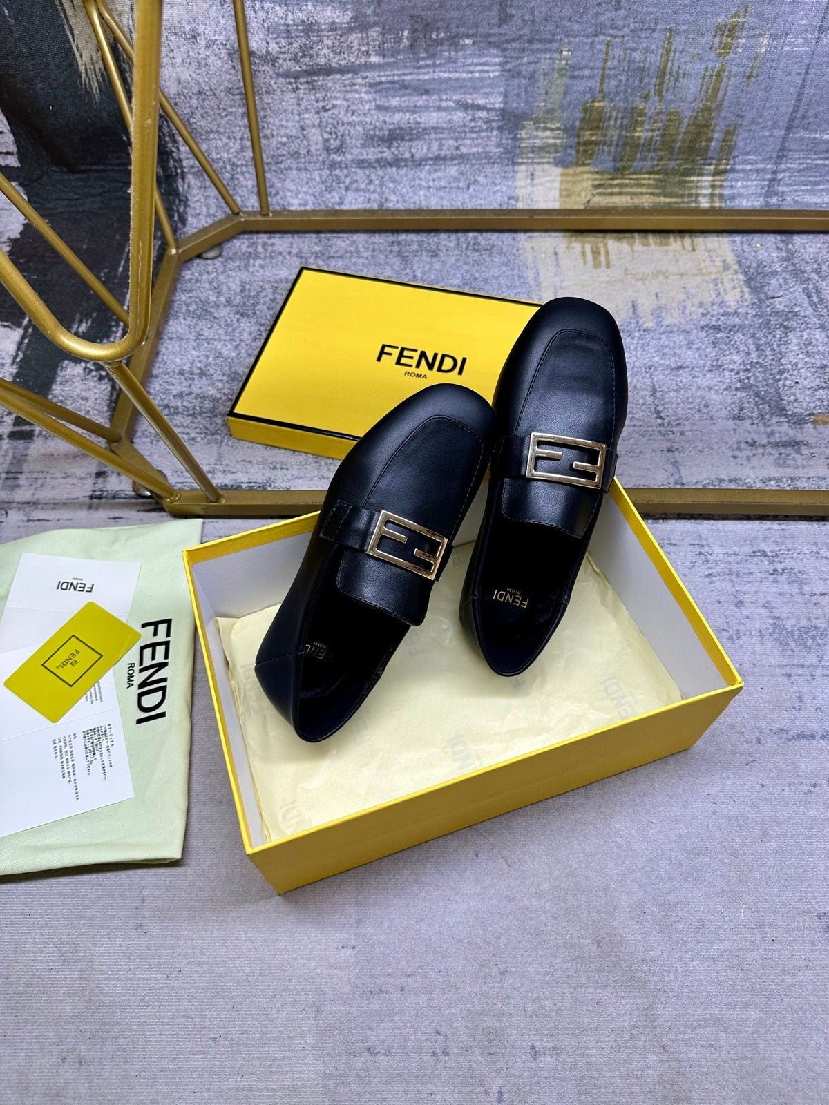 FENDI LOAFERS IN BLACK LAMBSKIN GOLD BUCKLE