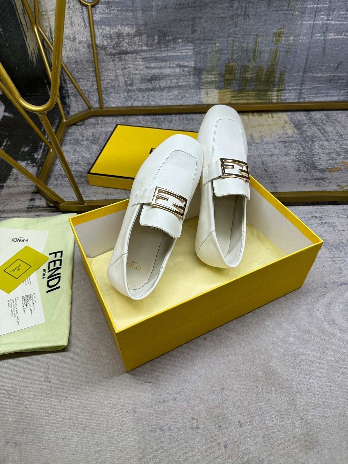 FENDI LOAFERS IN WHITE LAMBSKIN GOLD BUCKLE