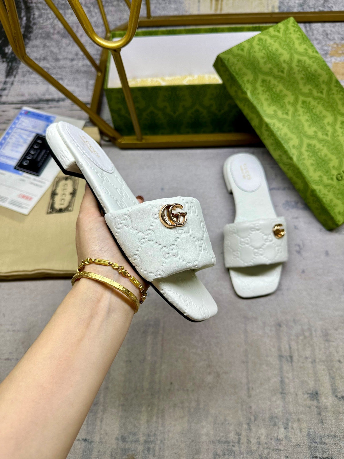 GG Women's slide sandal with Double G White Monagram Leather 235094