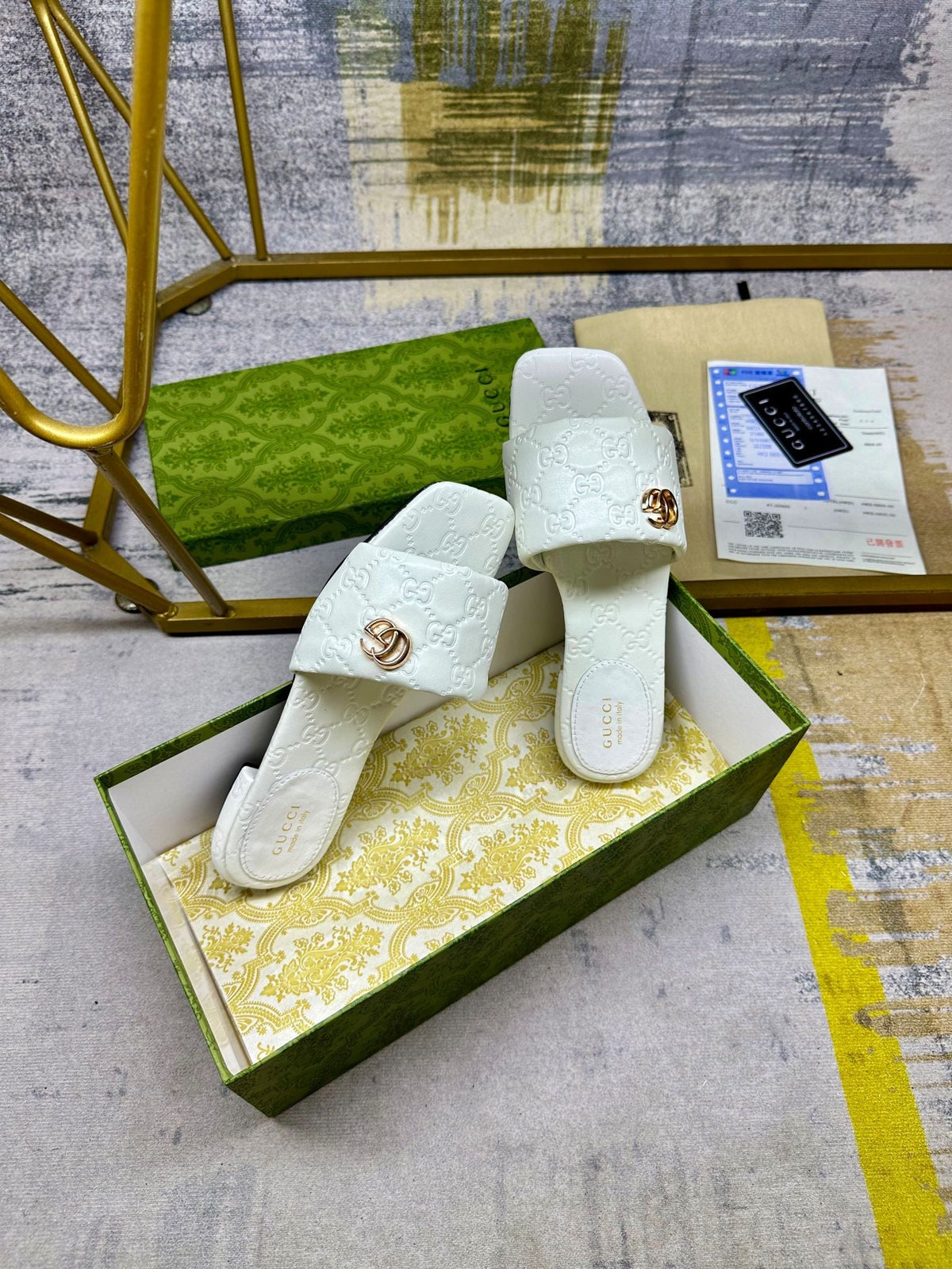 GG Women's slide sandal with Double G White Monagram Leather 235094