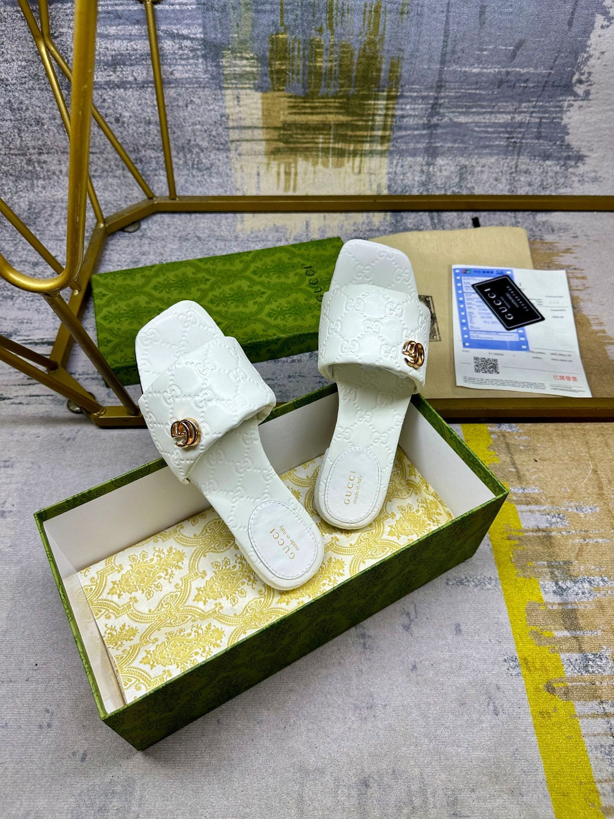 GG Women's slide sandal with Double G White Monagram Leather 235094