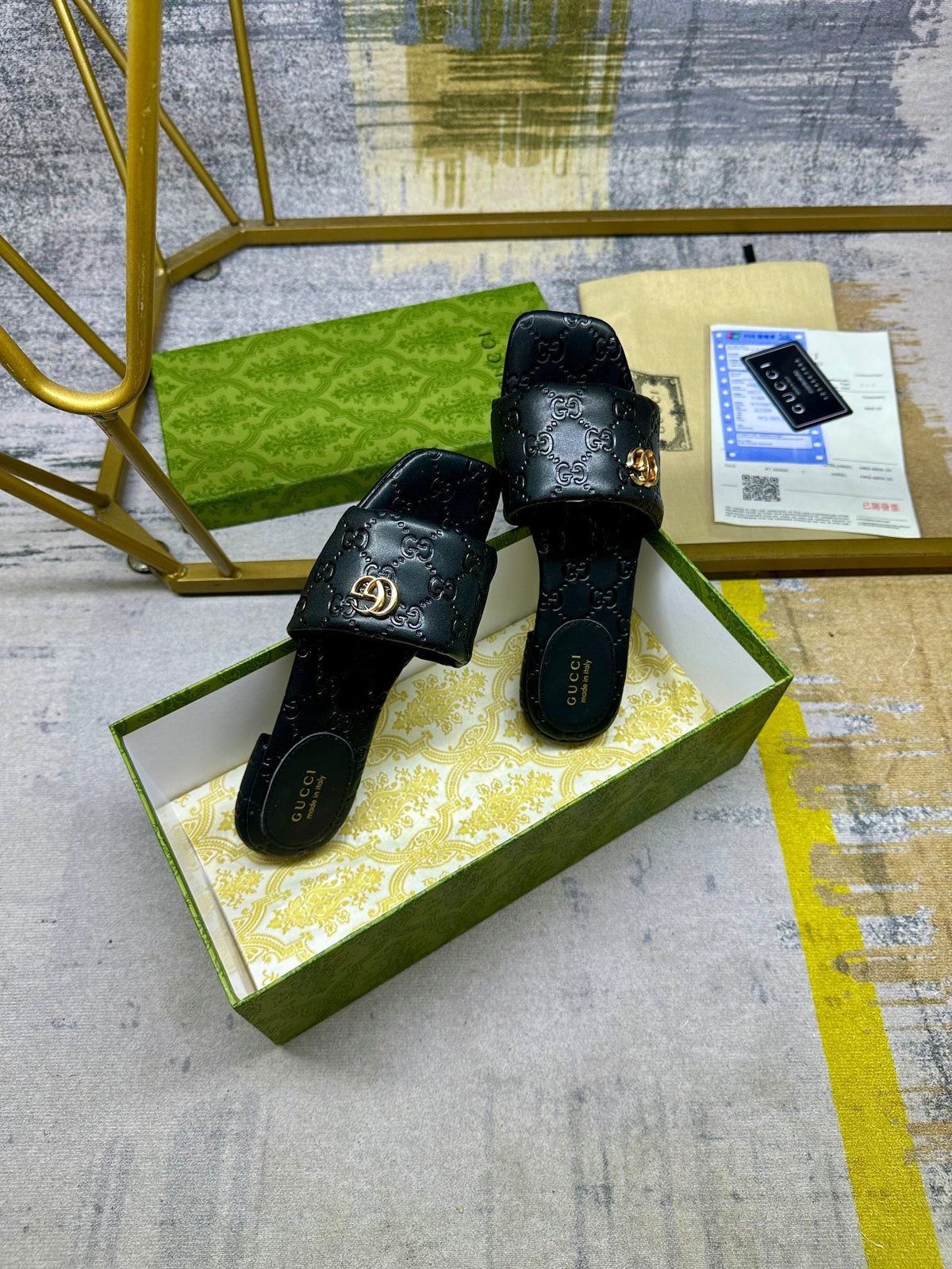 GG Women's slide sandal with Double G Black Monagram Leather 235093