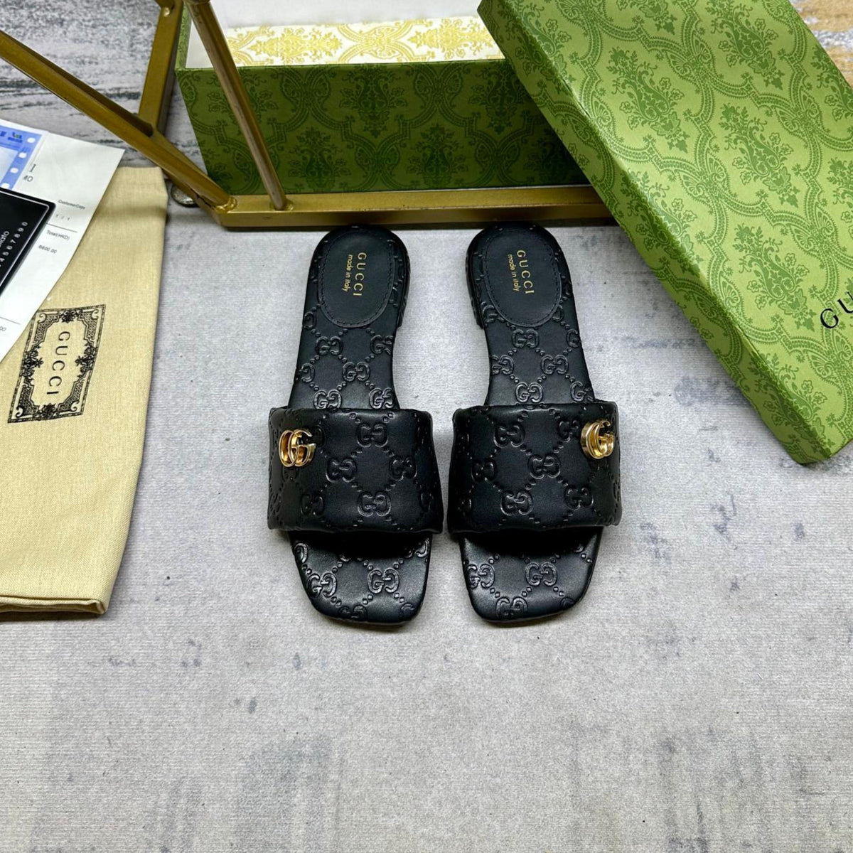 GG Women's slide sandal with Double G Black Monagram Leather 235093