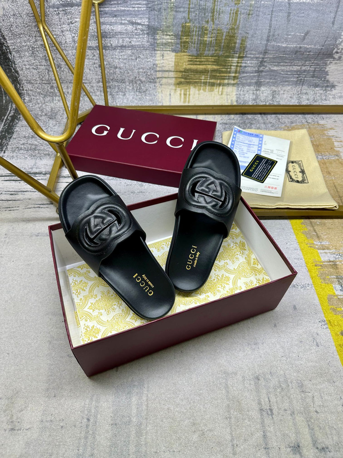 GG Slippers Black Leather 235100