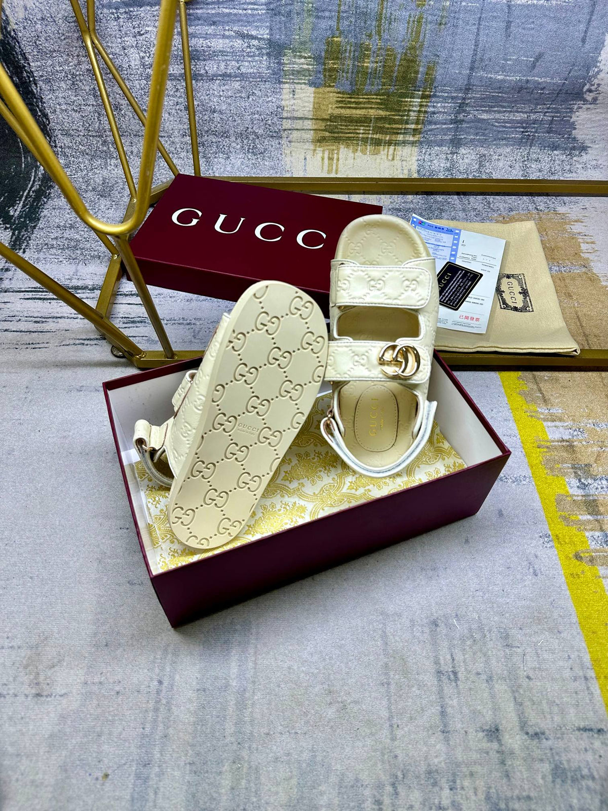 GG Women's sandal with Double G Cream Leather 235103