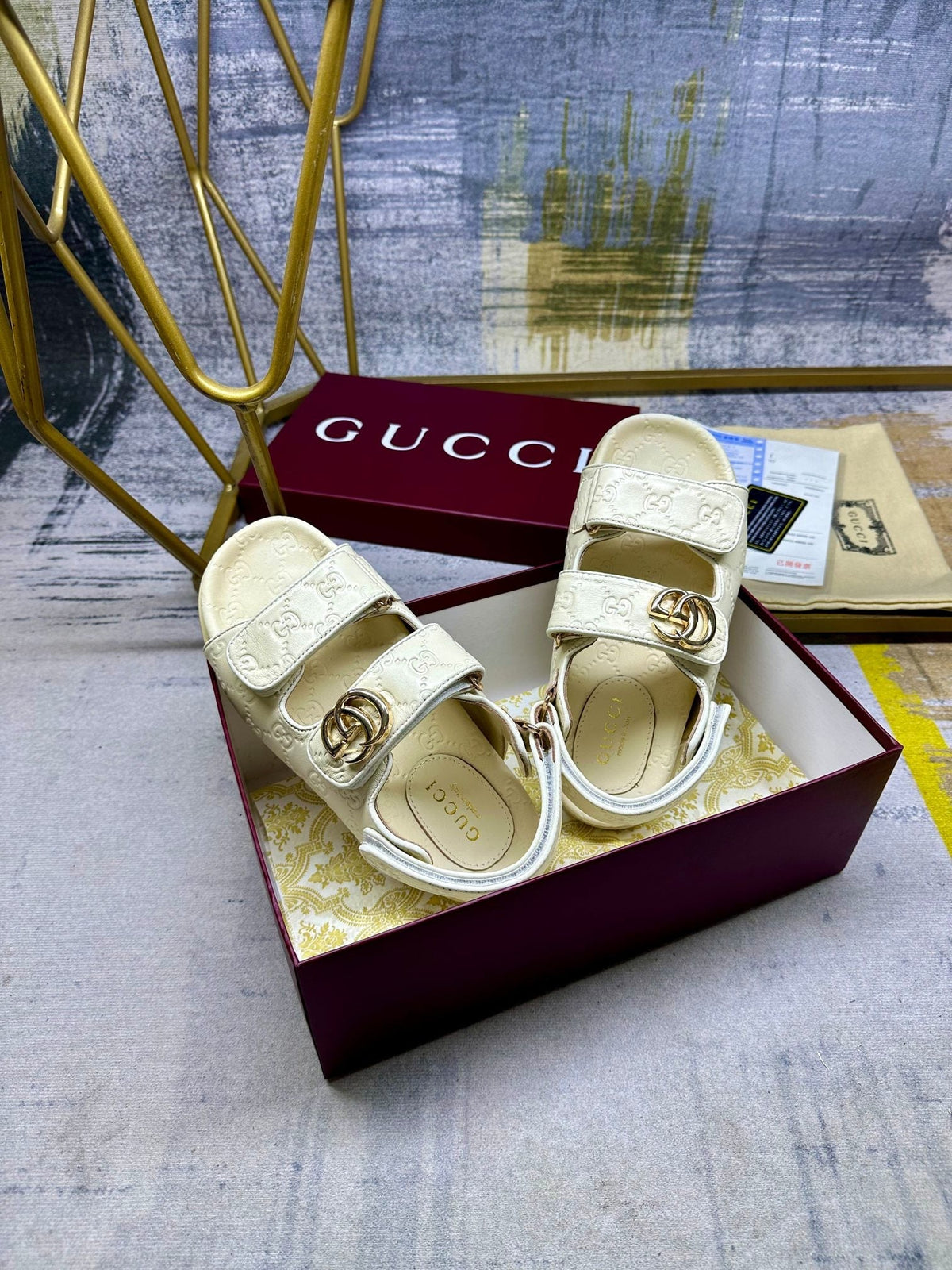 GG Women's sandal with Double G Cream Leather 235103