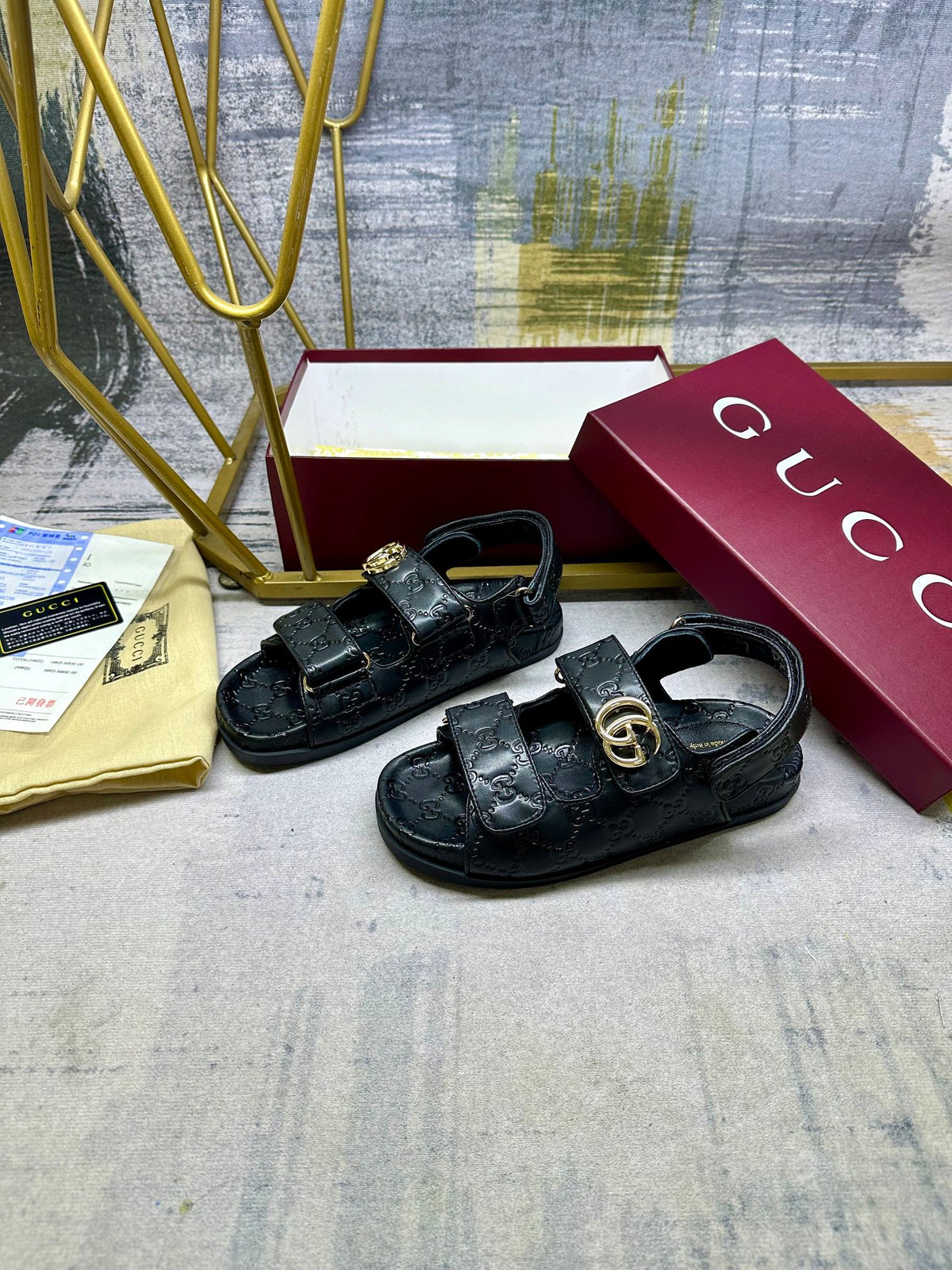 GG Women's sandal with Double G Black Leather 235104