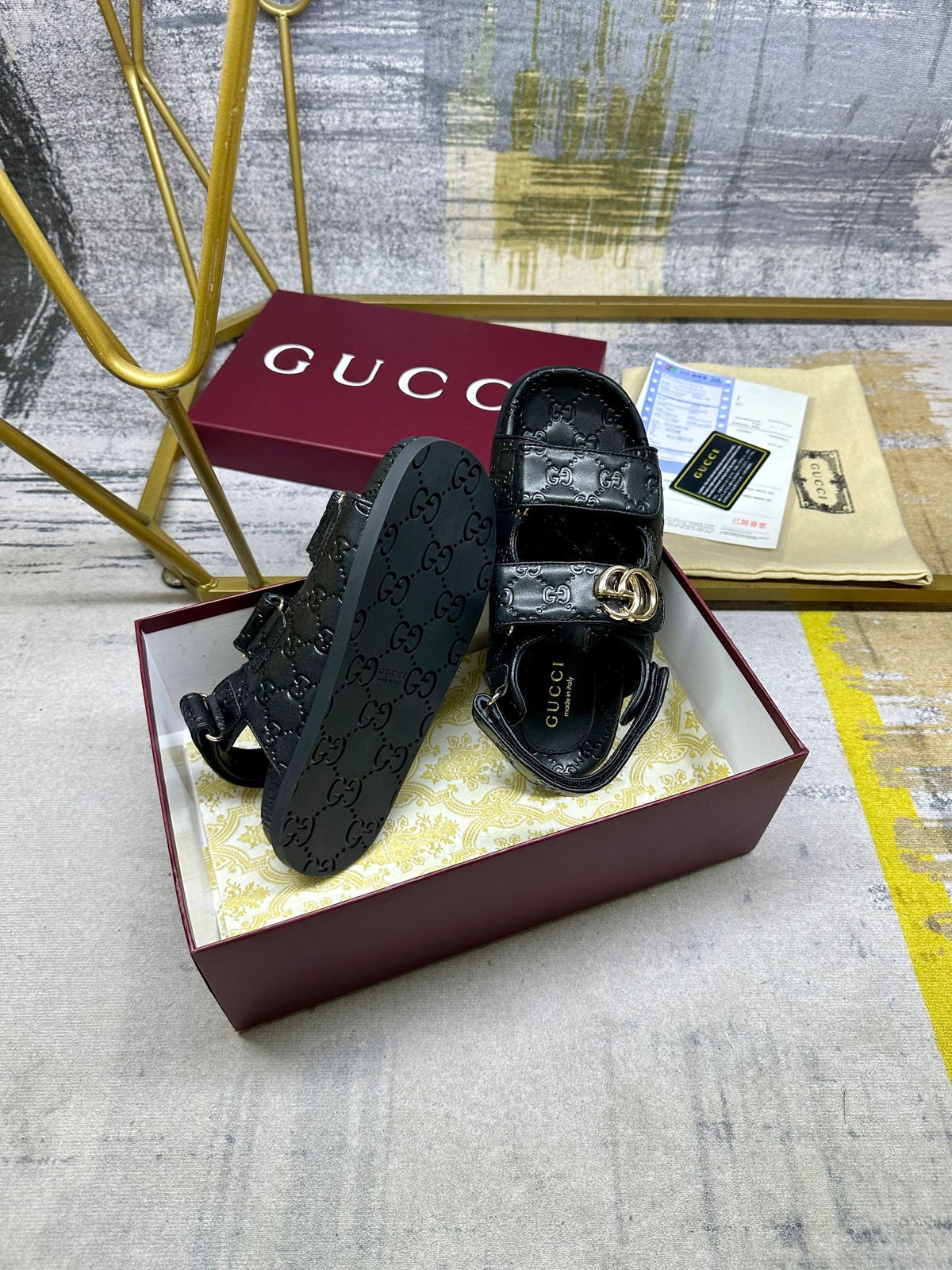 GG Women's sandal with Double G Black Leather 235104