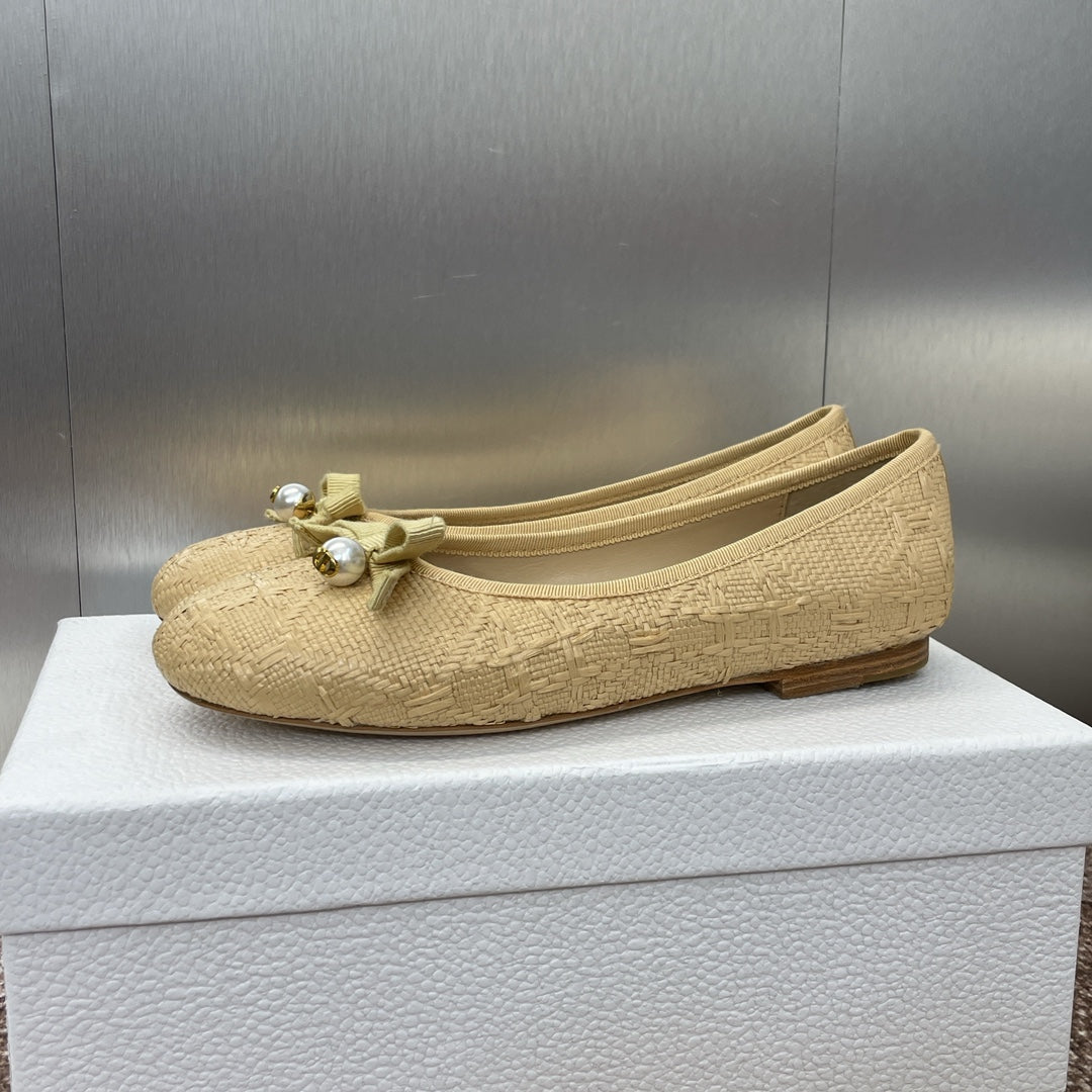 CD Ballet Flat Beige Woven Sedge And Lambskin