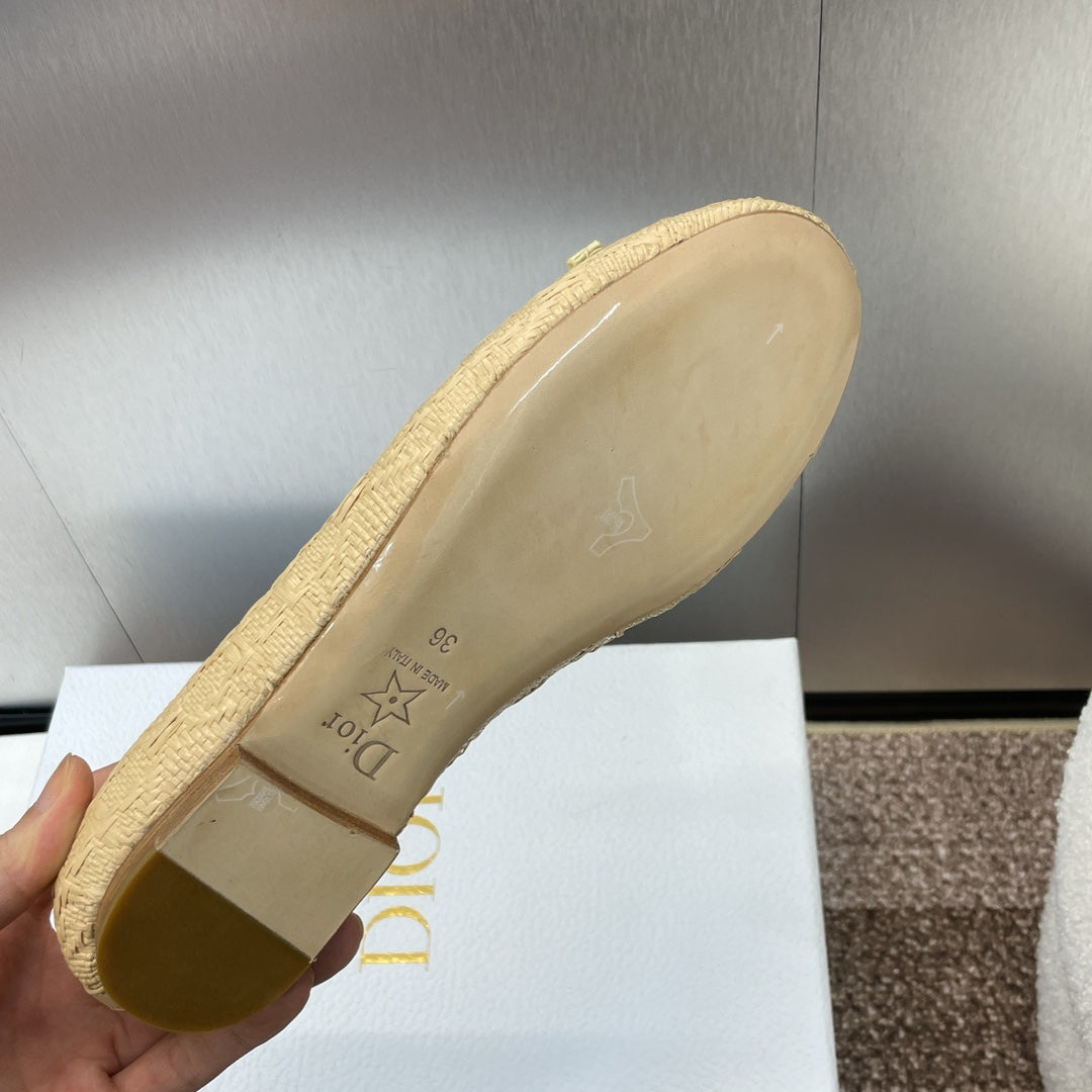 CD Ballet Flat Beige Woven Sedge And Lambskin